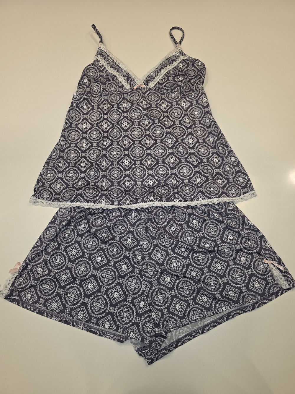 Navy Patterned Lace-Trim Camisole & Short Pajama Set